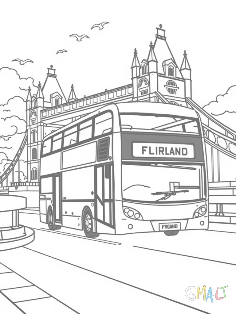Ein typisch englischer roter Doppeldeckerbus fährt von links nach rechts. Die berühmte Tower Bridge ist im Hintergrund zu sehen. Kleine Wolken schweben am oberen Bildrand.