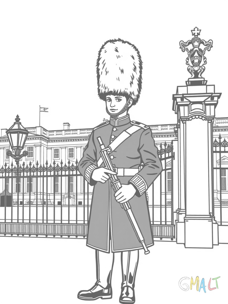 Ein stolzer Wachsoldat der Queen's Guard steht aufrecht vor dem Buckingham Palace. Er trägt die traditionelle rote Uniform und den hohen schwarzen Fellhut. Seine Arme sind gerade am Körper und er hält ein Gewehr.