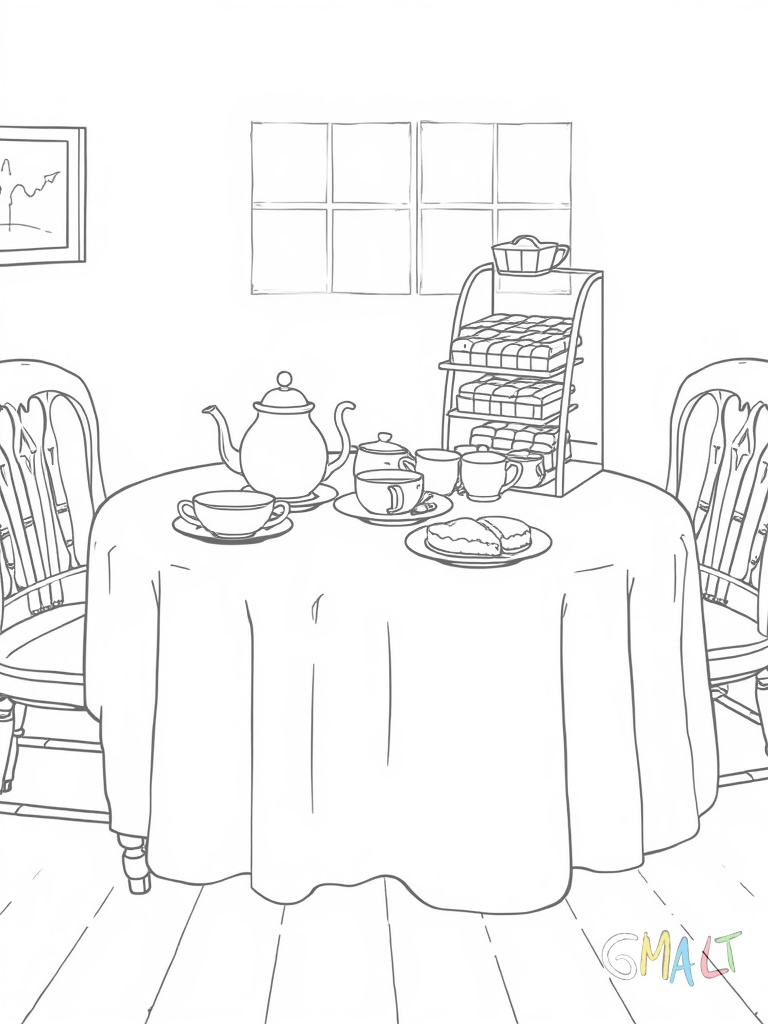 Eine klassische Teestunde zeigt einen gedeckten Tisch mit einer Teekanne einem Teetässchen und einem dreistöckigen Gebäckständer. Darauf liegen Scones und kleine Sandwiches.