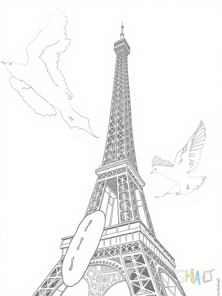 Ein großer Eiffelturm in der Bildmitte ragt in den Himmel. Davor stehen zwei kleine französische Baguettes aufrecht angelehnt. Links und rechts vom Turm fliegen jeweils zwei Tauben.
