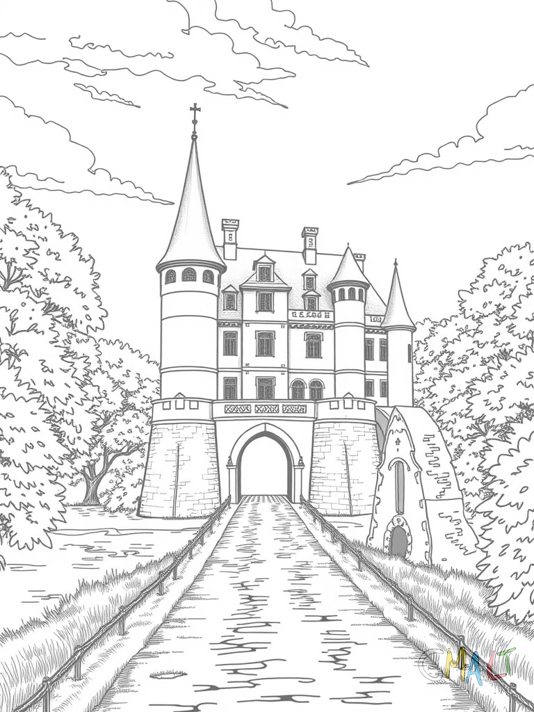 Ein malerisches Schloss im Loire-Tal mit spitzen Türmchen und einer Zugbrücke über einen Wassergraben. Im Vordergrund führt ein gepflasterter Weg zum Eingangstor.