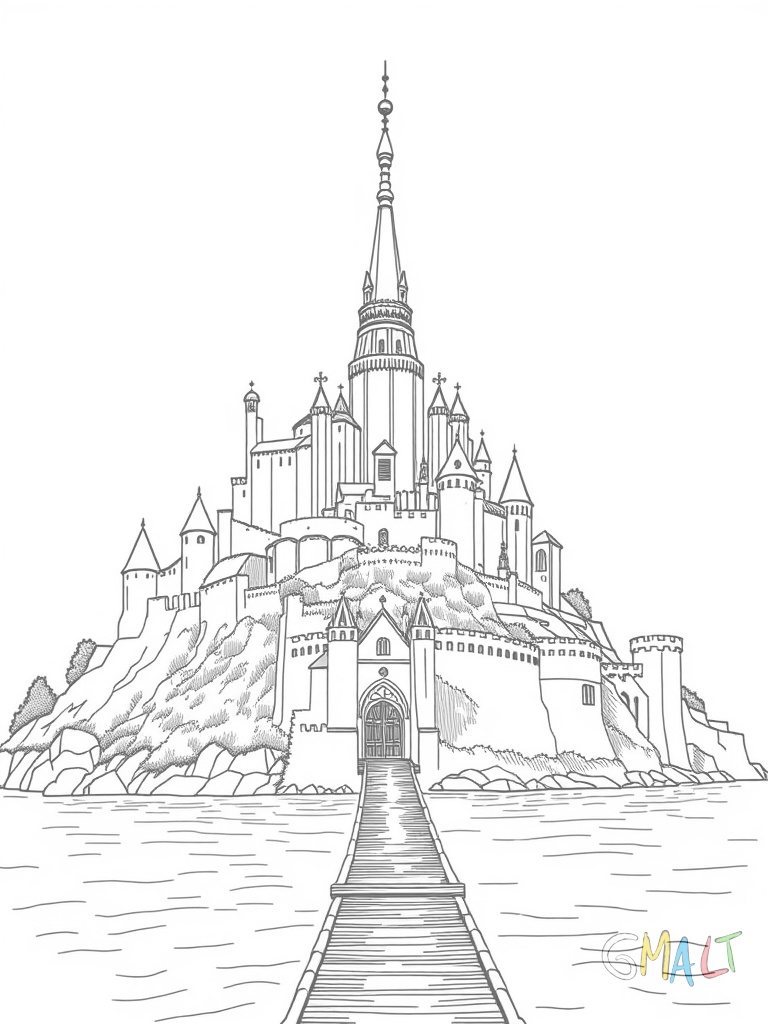 Mont Saint-Michel erhebt sich als imposante Inselburg aus dem Wasser. Die spitze Kirchturmspitze ragt in den Himmel. Eine schmale Brücke führt zum Eingang.