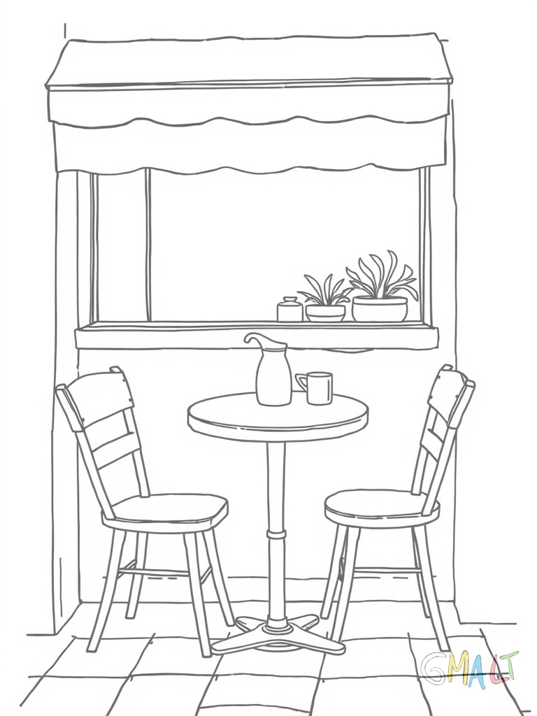 Ein typisches Straßencafé mit rundem Tisch und zwei Stühlen unter einer gestreiften Markise. Auf dem Tisch stehen eine Kaffeekanne und zwei kleine Tassen.