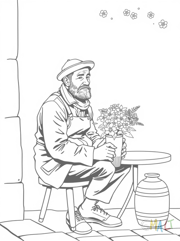 Ein traditioneller französischer Straßenkünstler mit Baskenmütze sitzt an seiner Staffelei im Freien. Auf der Leinwand entsteht das Bild einer Blumenvase. Neben ihm steht ein kleiner runder Cafétiisch.