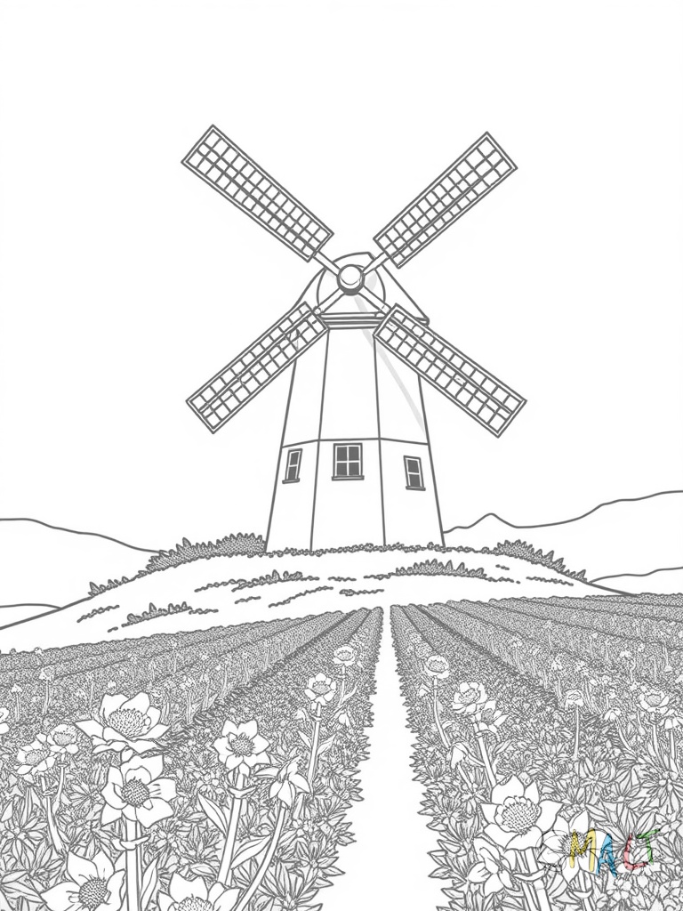 Eine große Windmühle steht auf einem kleinen Hügel zwischen Lavendelfeldern. Die Windmühlenflügel sind schräg ausgerichtet. Im Vordergrund wachsen Lavendelbüsche in geraden Reihen.