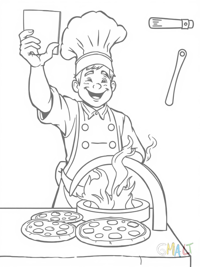 Ein fröhlicher Koch mit hoher Kochmütze wirft einen Pizzateig in die Luft. Er steht hinter einer Theke mit einem Holzofen. Auf der Theke liegen verschiedene runde Pizzen. An der Wand hängt ein Pizzaschieber.