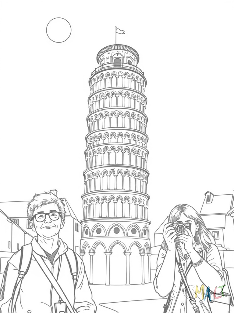 Ein großer schiefer Turm von Pisa steht in der Bildmitte. Davor stehen zwei lächelnde Touristen mit Kameras und fotografieren nach oben. Im Hintergrund sind einfache Häuserumrisse zu sehen. Eine Sonne scheint von links oben.