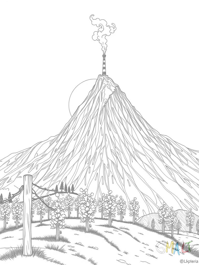 Der Vesuv als großer Berg nimmt die Bildmitte ein. Aus der Spitze steigt eine kleine Rauchsäule auf. Im Vordergrund sind Weinreben an Stöcken zu sehen. Die Sonne geht links hinter dem Berg unter.