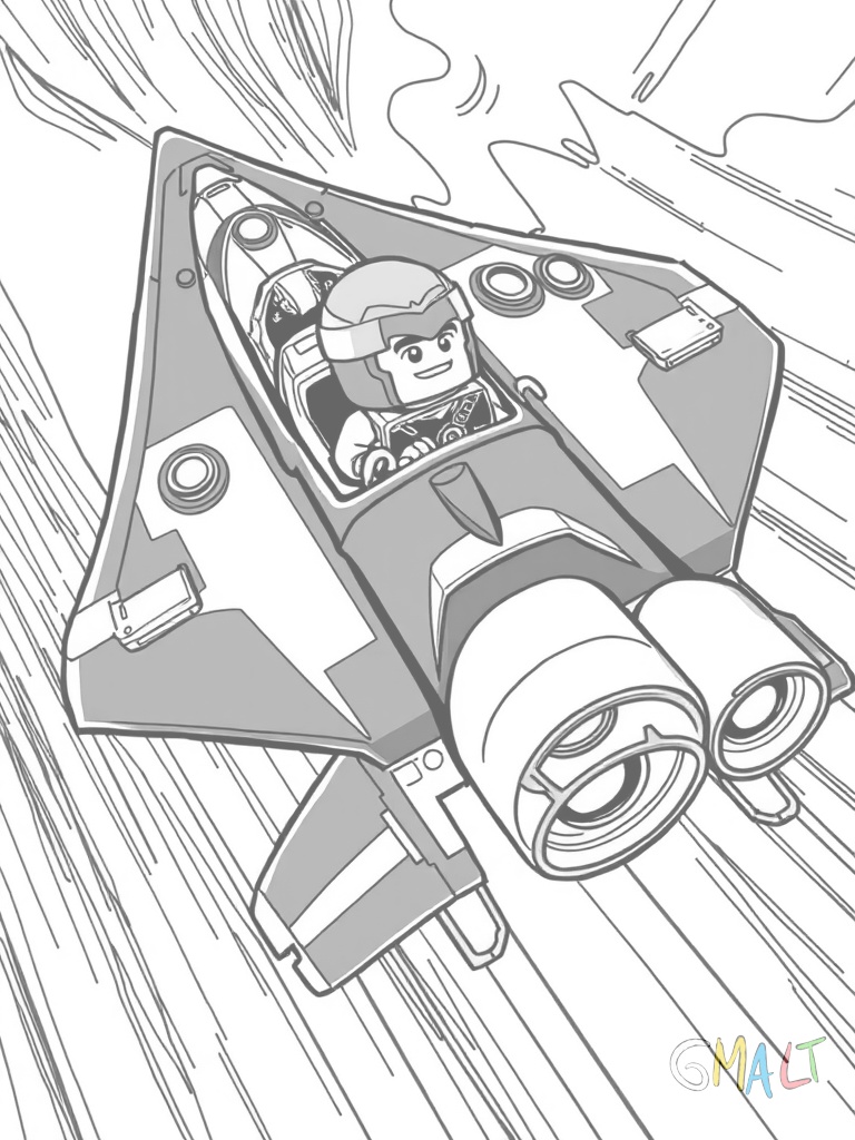 Jay's Blitz-Jet fliegt schräg nach oben. Das stromlinienförmige Flugzeug hat blaue und silberne Farbelemente. An den Tragflächen sind Blitz-Shooter montiert. Jay ist im Cockpit zu sehen. Am Heck befinden sich drei Düsentriebwerke.