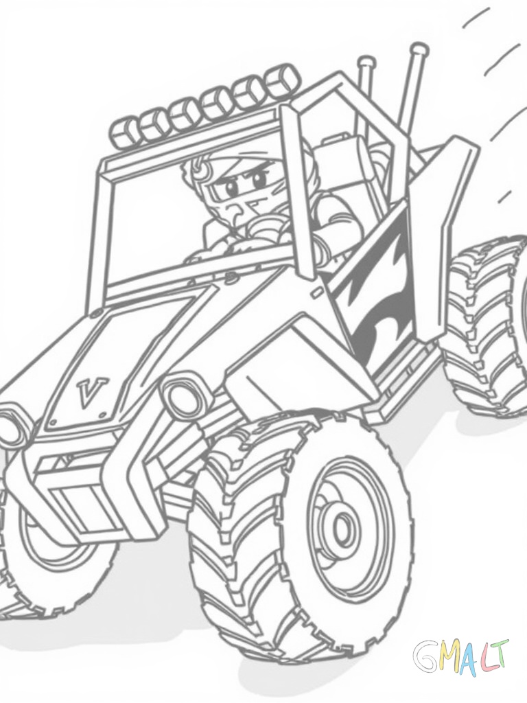 Ein schwarzer Ninja-Buggy mit großen Geländereifen rast nach links. Cole sitzt am Steuer des Fahrzeugs. Vorne hat der Buggy einen Rammschutz mit Dornen. Hinten sind zwei große Auspuffrohre zu sehen. Die Räder haben goldene Felgen.
