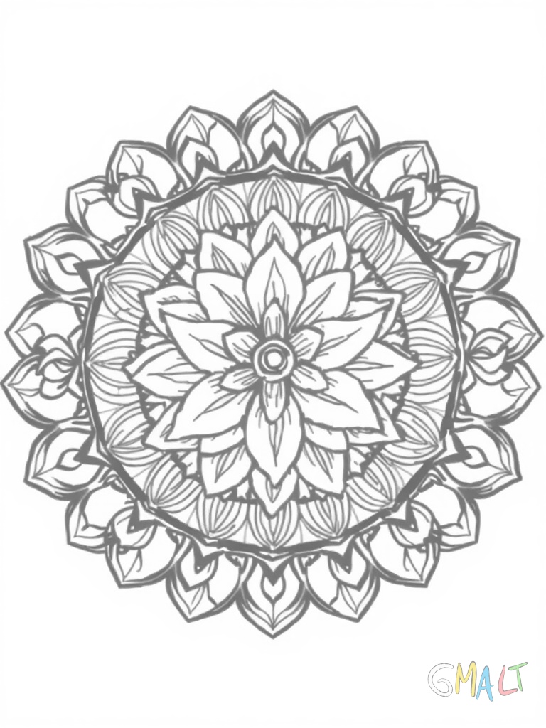 Ein komplexes Mandala aufgebaut aus mehreren Ringen. Außen große Margeriten innen immer kleiner werdende Blüten. Im Herzen des Mandalas eine achteckige Blüte umgeben von Blättern.