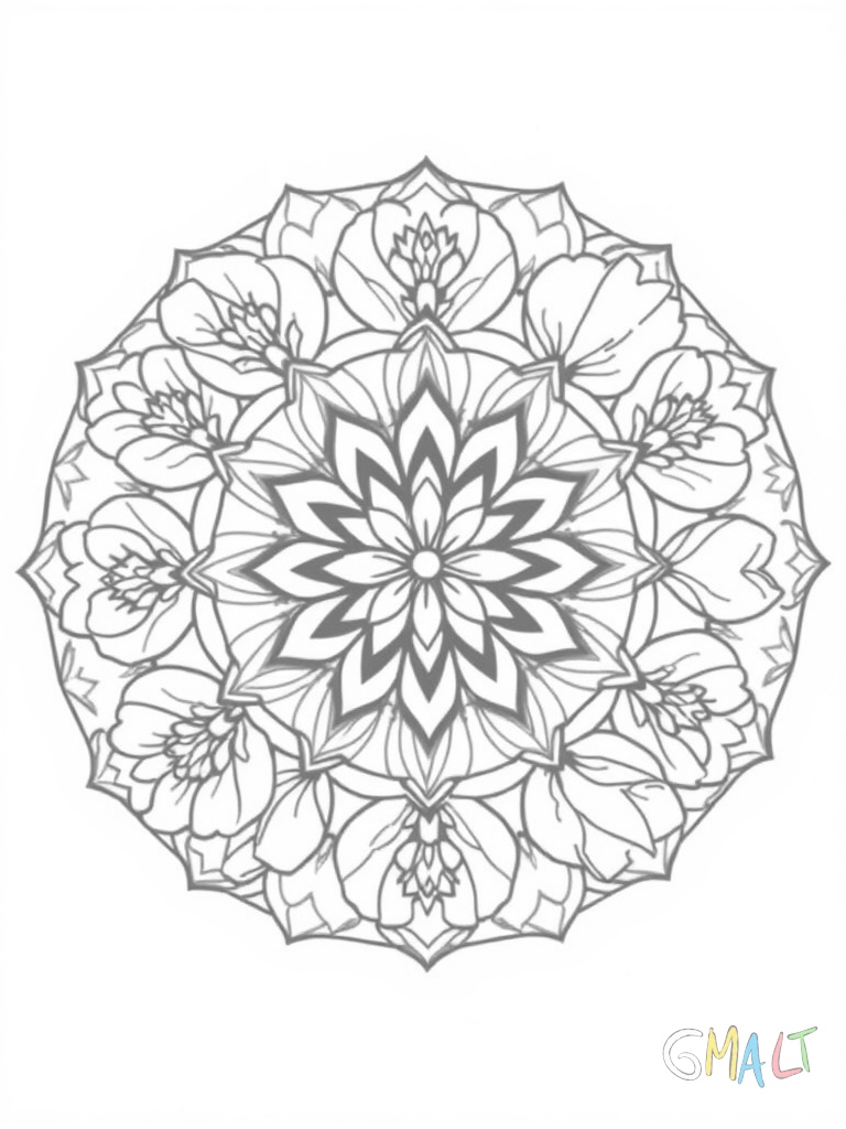 Ein rundes Mandala aus verschiedenen Blütenformen. Außen große Gänseblümchen im Wechsel mit Tulpen. Die Mitte zeigt ein geometrisches Muster aus kleinen Blättern und Punkten.