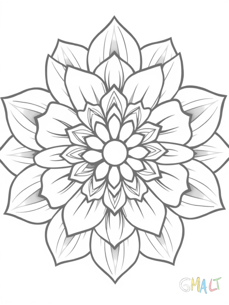 Ein verspieltes Blumenmandala mit 6 großen Lotusblüten die kreisförmig angeordnet sind. Zwischen den Lotusblüten schwingen sich wellenförmige Ranken. Das Zentrum bildet ein Kreis aus kleinen Knospen.