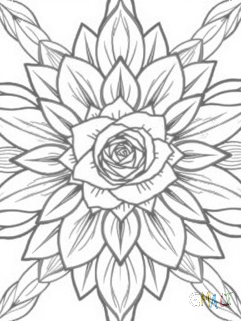 Ein symmetrisches Blumenmandala mit 12 spitz zulaufenden Blütenblättern. Im Zentrum eine detaillierte Rose mit spiralförmig angeordneten Blütenblättern. Feine geschwungene Linien verbinden die einzelnen Elemente.