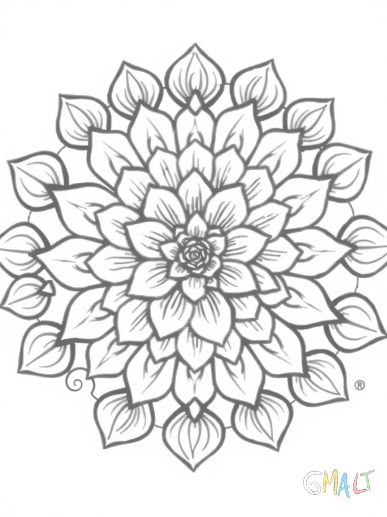 Ein rundes Mandala mit 16 schmalen Blütenblättern die sich spiralförmig nach außen drehen. Zwischen den Hauptblüten kleine Vergissmeinnicht. Die Mitte bildet eine große offene Blüte.