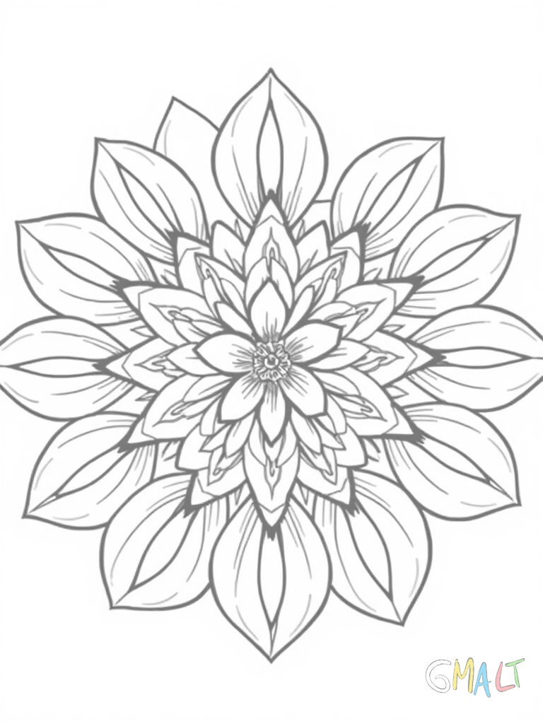 Ein zartes Mandala mit 10 länglichen Blütenblättern die sich nach außen öffnen. Dazwischen feine Gräser und kleine Blättchen. Die Mitte ziert eine detaillierte Wildblume.
