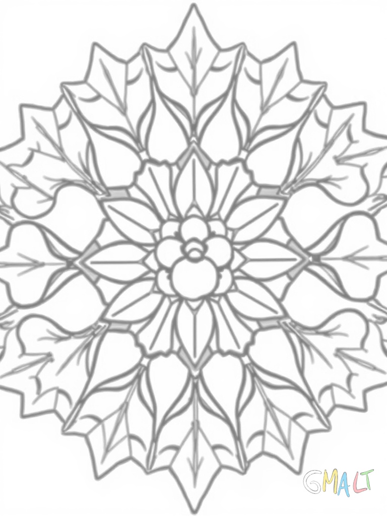 Ein Mandala mit zwölf gleichen Segmenten. Jedes Segment enthält einen Zweig mit drei Eichenblättern und zwei Eicheln. Die Mitte schmückt ein Kranz aus kleinen Beeren.