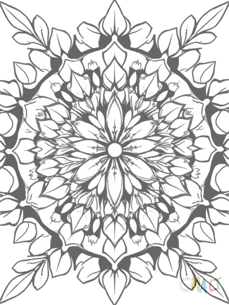 Ein symmetrisches Mandala aus acht identischen Teilen. Jeder Teil zeigt einen Ast mit Herbstfrüchten: Hagebutten Vogelbeeren und kleine Blätter in regelmäßiger Anordnung.