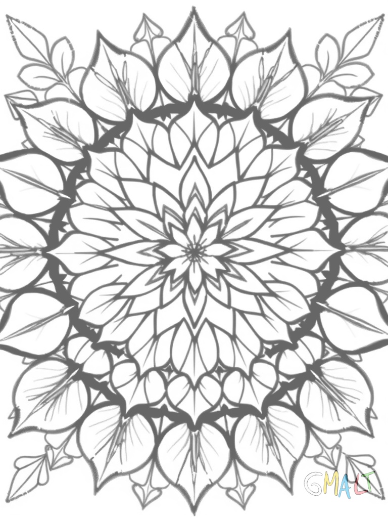 Sechs große Kürbisse bilden die Hauptelemente dieses runden Mandalas. Zwischen den Kürbissen ranken sich Weinblätter nach innen. Das Zentrum ziert eine geometrische Blütenform.