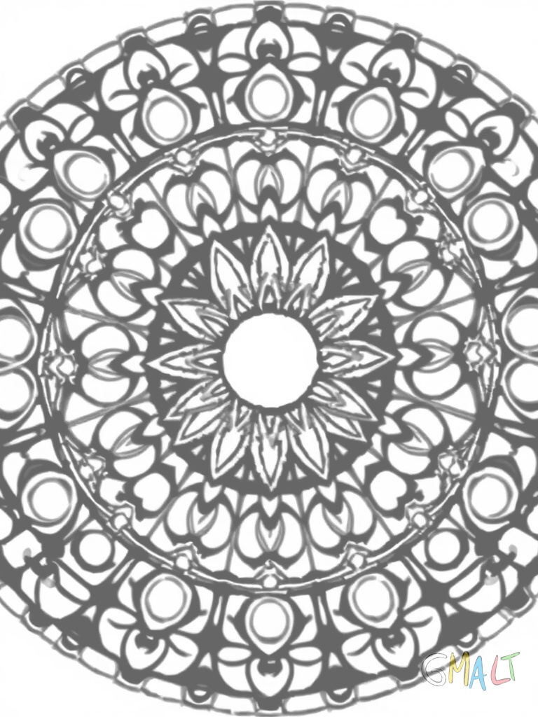Konzentrische Kreise bilden die Grundform dieses Mandalas. Herbstliche Pilze mit runden Hüten wechseln sich mit Kastanien ab. Im Zentrum eine große stilisierte Sonnenblume.