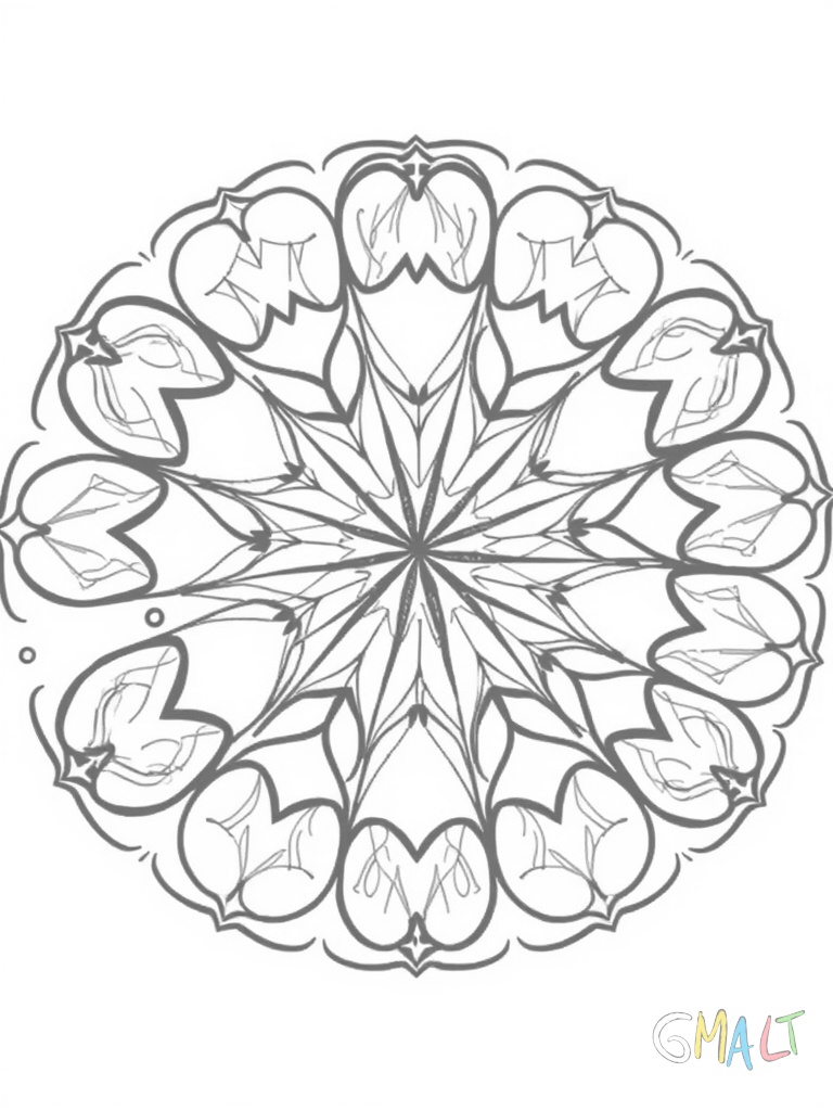 Ein symmetrisches Muster aus sechzehn Herzen die wie Puzzleteile ineinander greifen. Im Zentrum treffen sich alle Herzspitzen in einem Punkt. Die Herzen sind mit einfachen Strichen verziert.