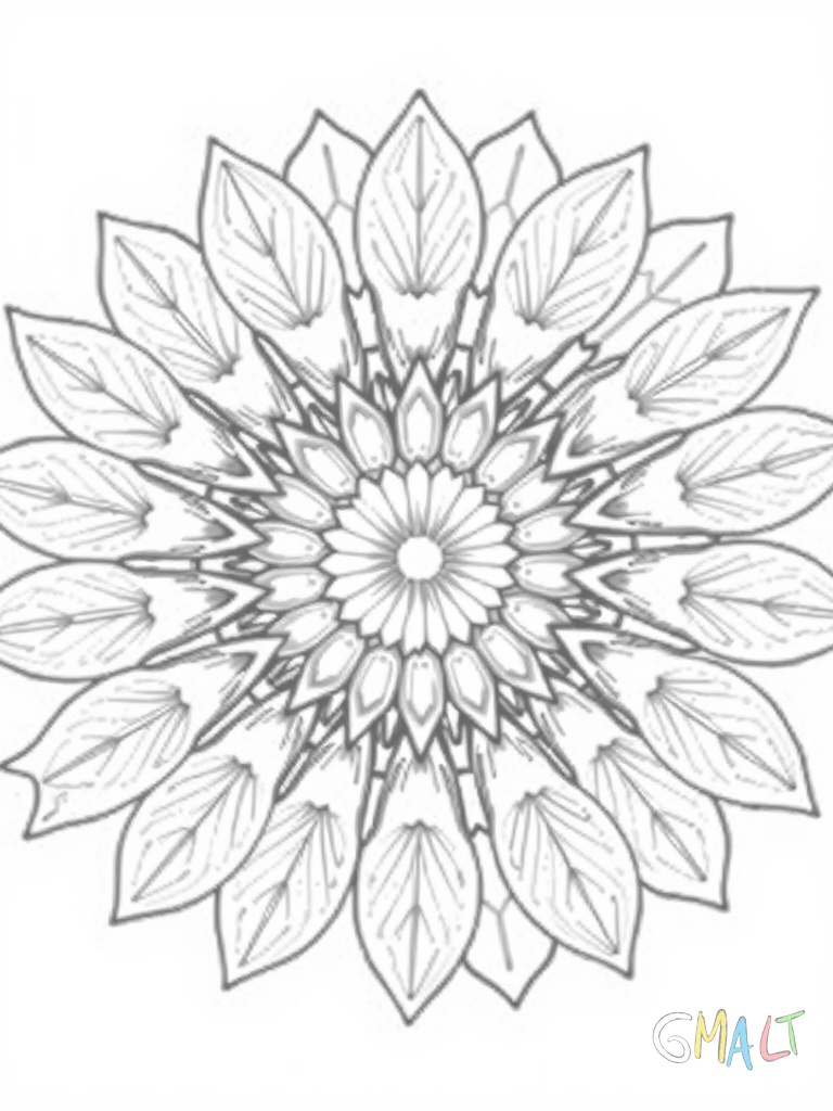 Ein Mandala aufgebaut aus 12 schlanken Blättern die sich spiralförmig um das Zentrum winden. Die Blätter haben feine Adern.