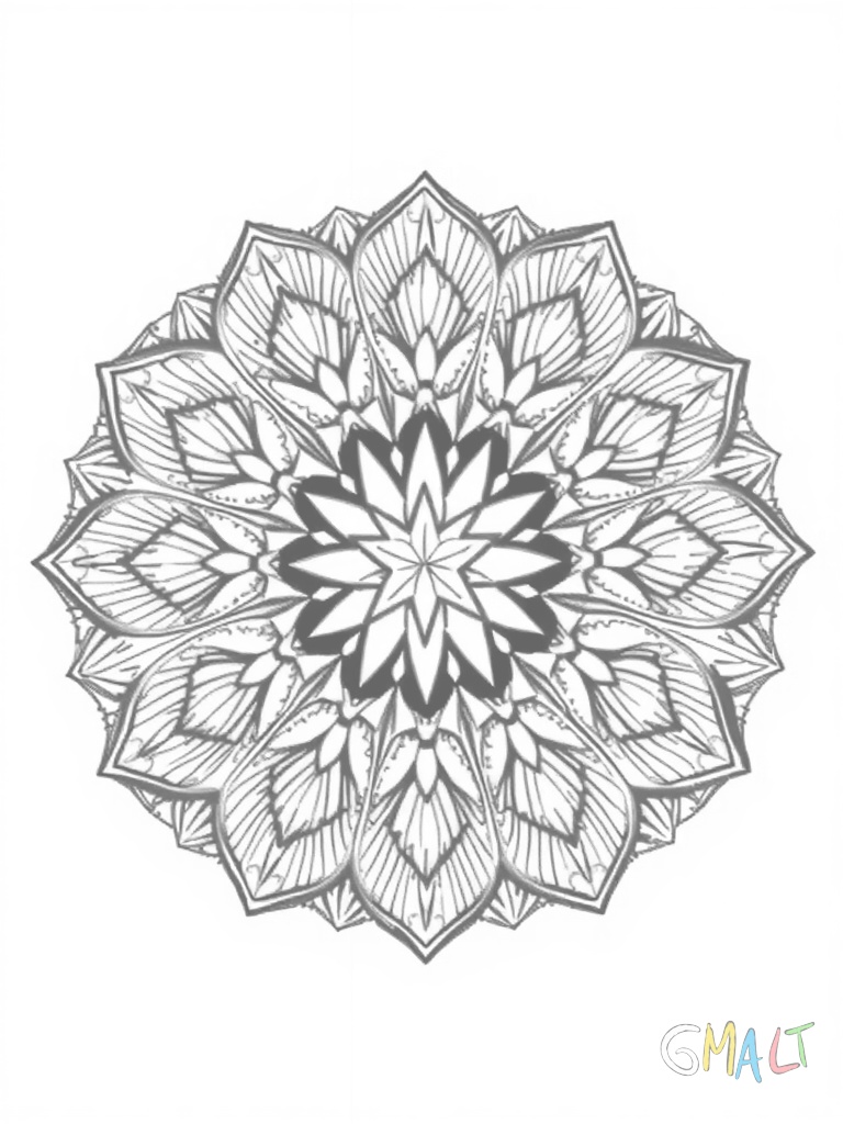 Ein kreisförmiges Mandala mit 8 sich wiederholenden Blütenblättern und einem Stern im Zentrum. Die Blütenblätter sind mit feinen Linienmustern gefüllt.