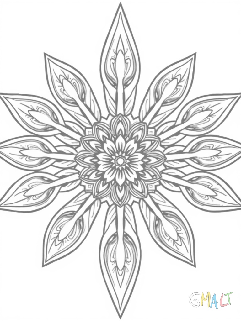 Ein Mandala aufgebaut aus 4 großen geschwungenen Flügeln. Die Flügel sind mit feinen Linienornamenten ausgefüllt.