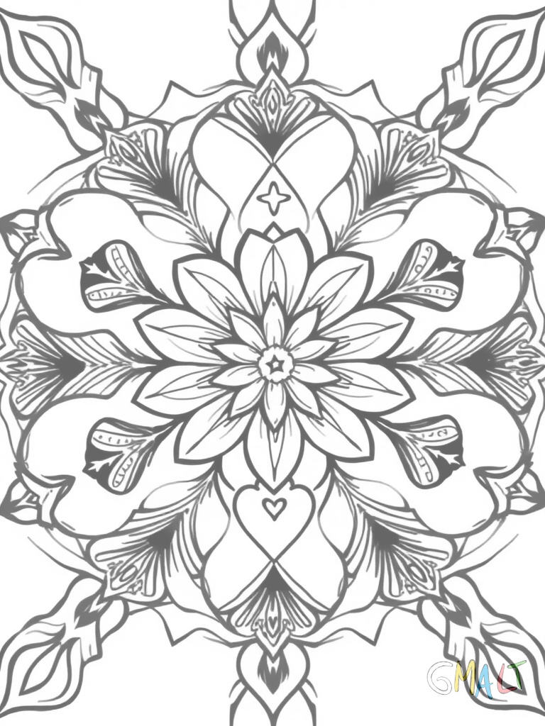 Ein Mandala aus 6 großen Herzen die sich um eine Blüte in der Mitte gruppieren. Zwischen den Herzen befinden sich kleine Sterne.