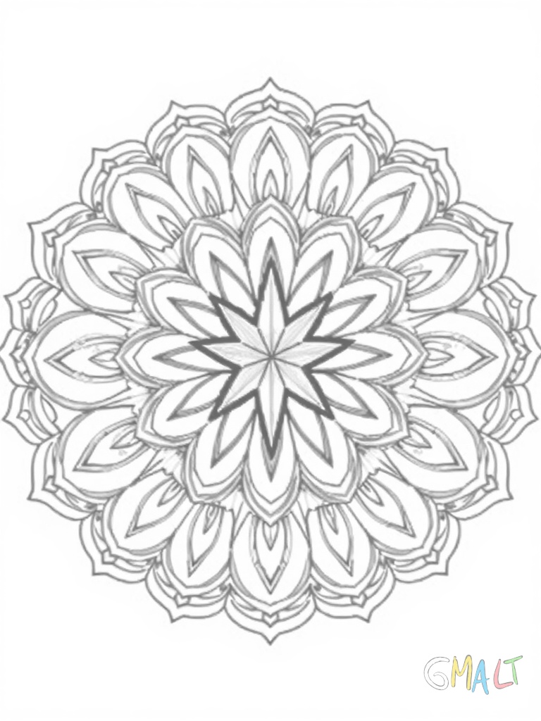 Ein Mandala aus ineinander verschlungenen Kreisbögen die eine Blumenform ergeben. Im Zentrum befindet sich ein achteckiger Stern.
