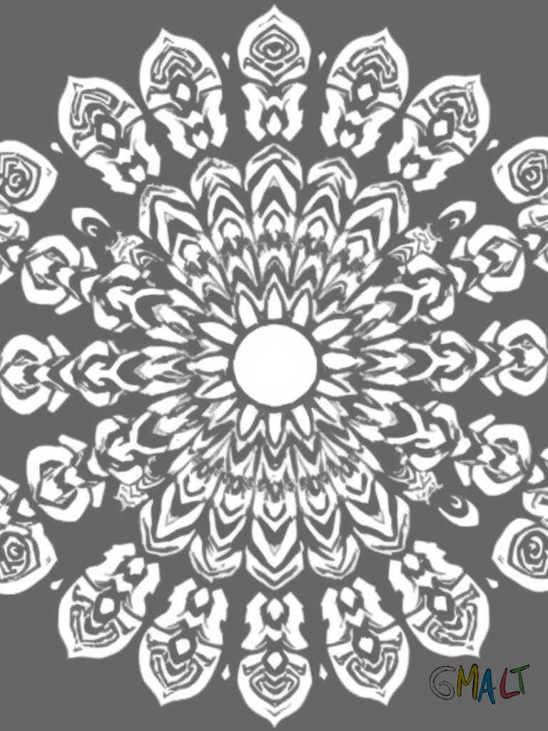 Ein symmetrisches Mandala aus verschlungenen Kreisbögen die sich zu einer großen Schneeflocke verbinden. In der Mitte befindet sich eine kleine Sonne.