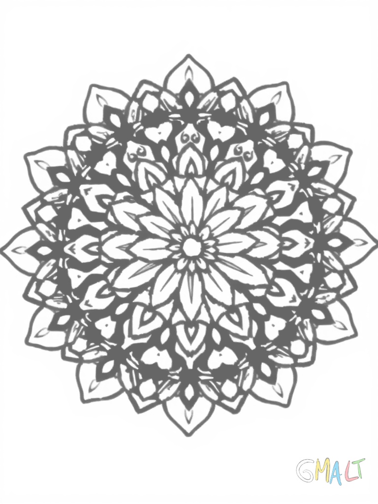 Ein kreisförmiges Mandala aus vielen kleinen Halbkreisen die sich wie Schuppen überlappen. In der Mitte liegt eine einfache Rosette.