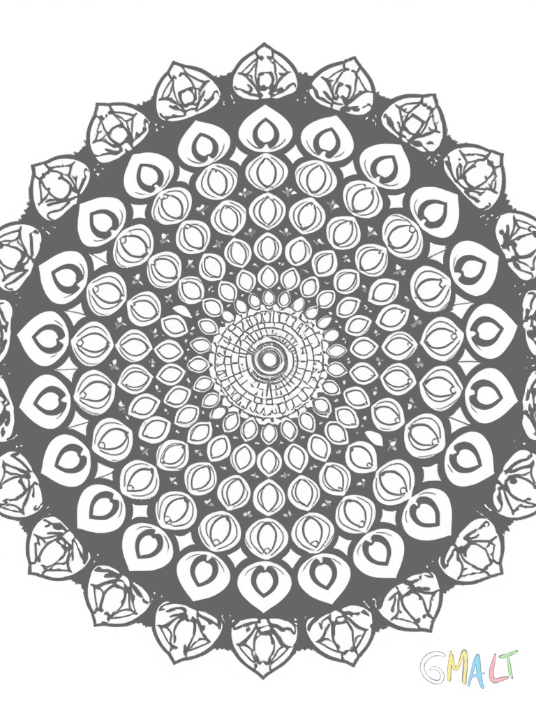 Ein spiralförmiges Mandala das sich von innen nach außen mit wachsenden Kreisbögen entwickelt. Die Bögen sind mit kleinen Punkten verziert.