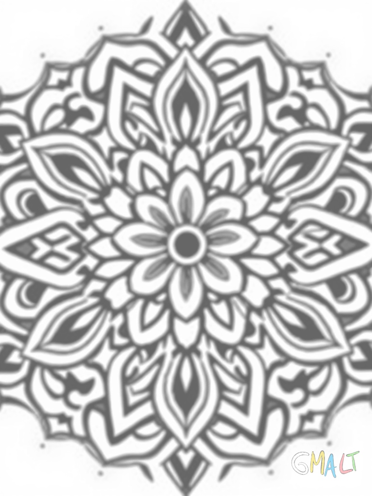 Ein Mandala aus sich überkreuzenden Wellenlinien die 8 tropfenförmige Felder bilden. Im Zentrum steht eine einfache Blume.