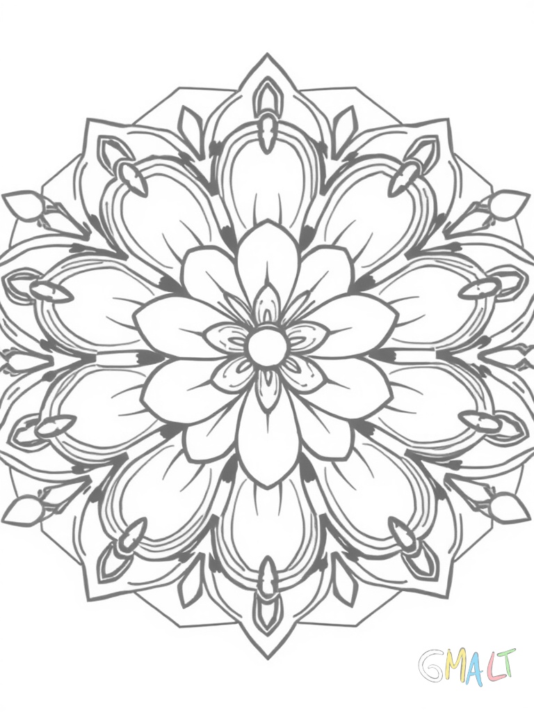 Ein sechseckiges Mandala mit Bienenwaben-Struktur. Im Zentrum ist eine Blüte aus sechs Blättern. Die Wabenmuster werden nach außen hin größer und sind mit kleinen Punkten verziert.