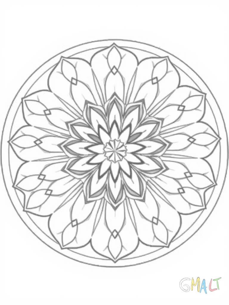 Ein kreisförmiges Mandala mit 8 gleichmäßigen Blütenblättern. In der Mitte befindet sich ein Stern und zwischen den Blütenblättern sind kleine Dreiecke angeordnet. Das gesamte Design ist symmetrisch aufgebaut und von einem doppelten Kreis umrahmt.