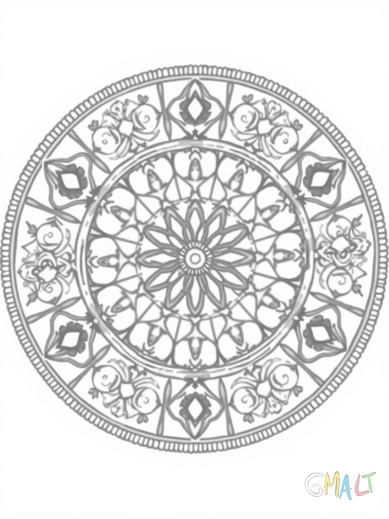 Ein rundes Mandala aufgebaut aus zwölf gleichen Segmenten. Jedes Segment enthält ein Muster aus kleinen Quadraten und Dreiecken die wie ein Puzzle ineinandergreifen. Der Rand ist mit einer Zickzack-Linie verziert.