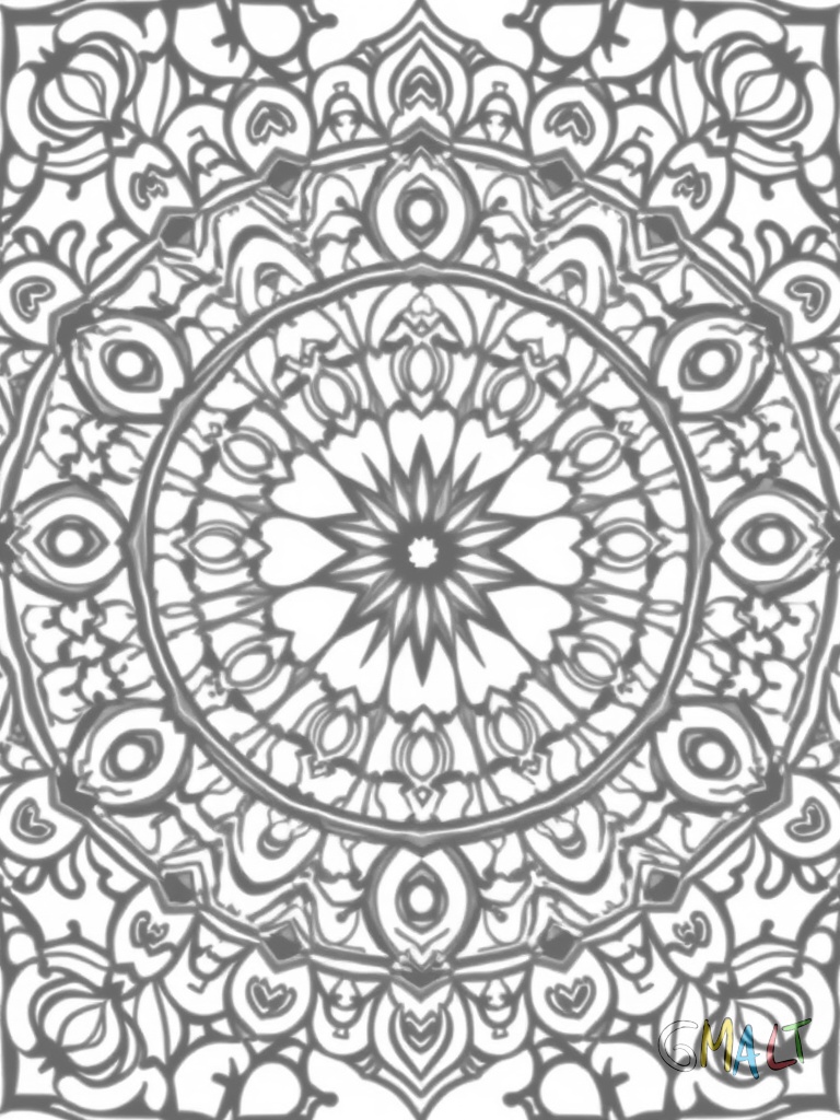 Ein quadratisches Mosaik-Mandala mit sich wiederholenden geometrischen Mustern. Von innen nach außen wechseln sich Quadrate Rauten und Kreise ab. In den Ecken befinden sich jeweils spiegelverkehrte Spiralmuster.