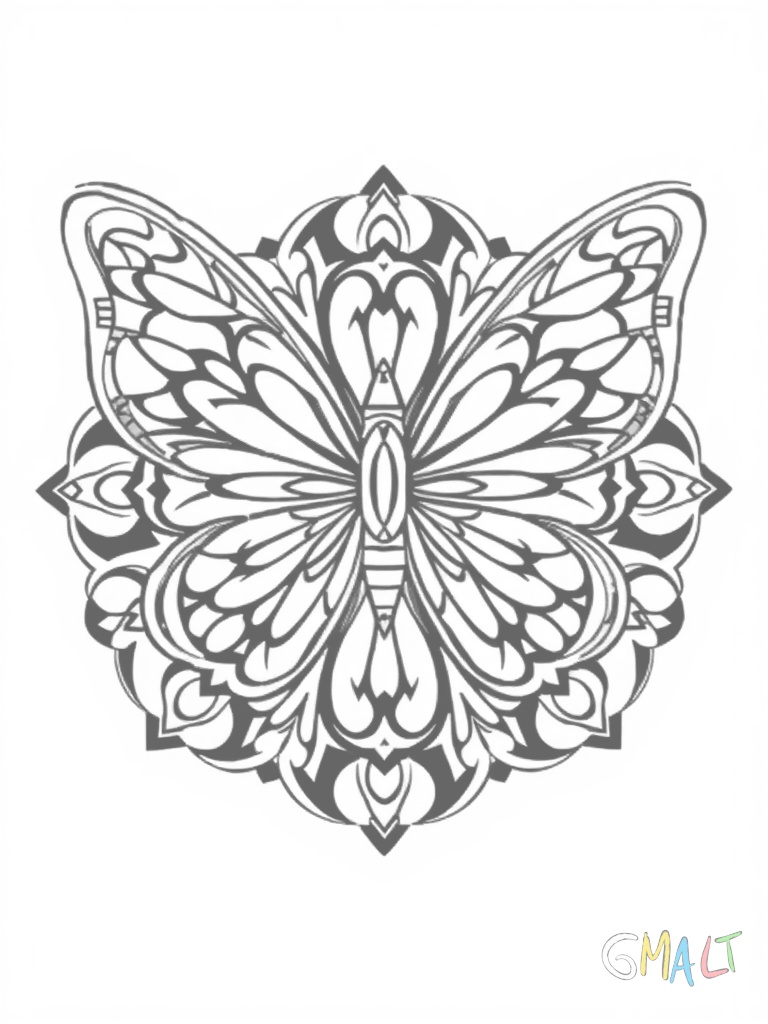 Ein Mandala in Schmetterlingsform. Die Flügel bestehen aus symmetrischen Mosaikstücken in verschiedenen geometrischen Formen. Der Körper wird durch eine Reihe kleiner Kreise dargestellt.