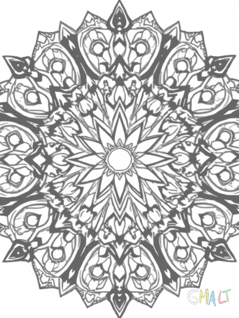 Ein sternförmiges Mandala mit acht Zacken. Jede Zacke ist mit einem eigenen Mosaik aus Dreiecken und Rauten gefüllt. Im Zentrum befindet sich ein achteckiger Stern umgeben von kleinen Kreisen.