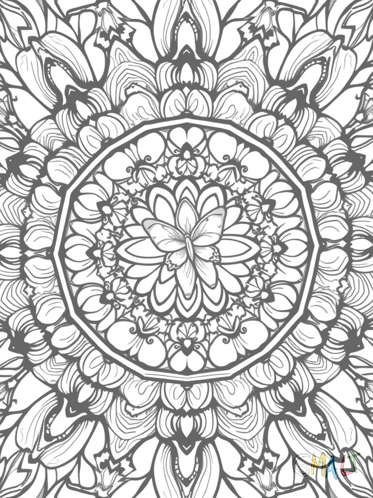 Symmetrisches Mandala aus verschlungenen Bändern die Ostereier umrahmen. In den Zwischenräumen kleine Schmetterlinge und Blüten.