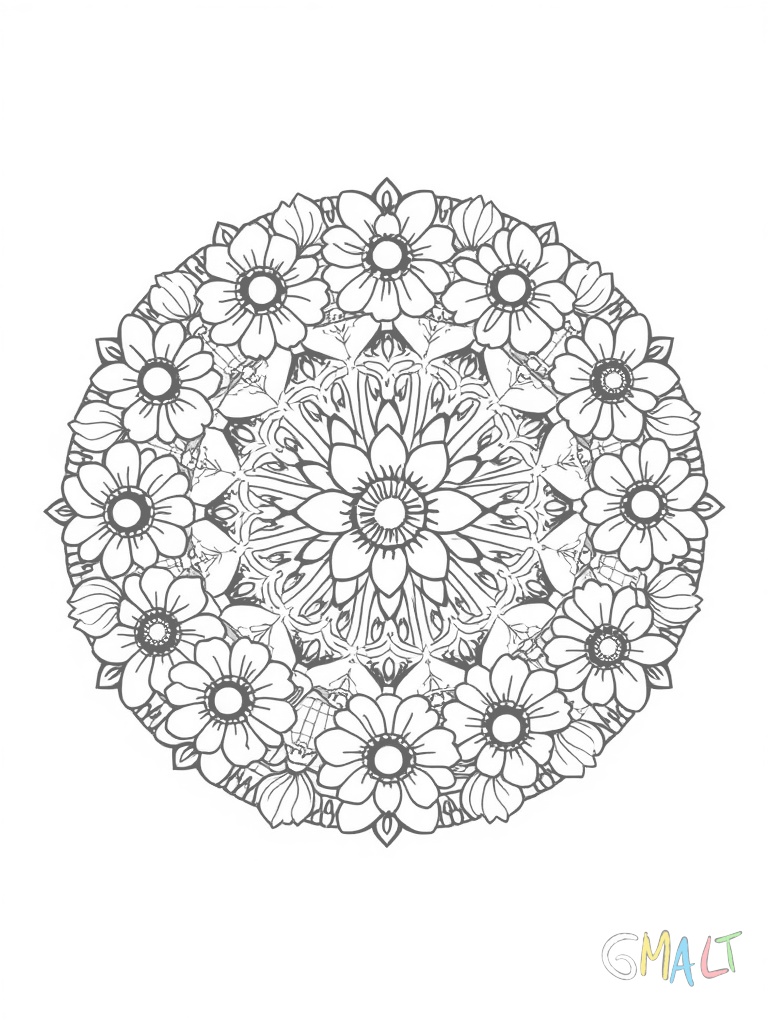 Kreisförmiges Mandala aus alternierenden Ostereiern und Frühlingsblumen. Die Elemente werden zur Mitte hin kleiner und feiner.