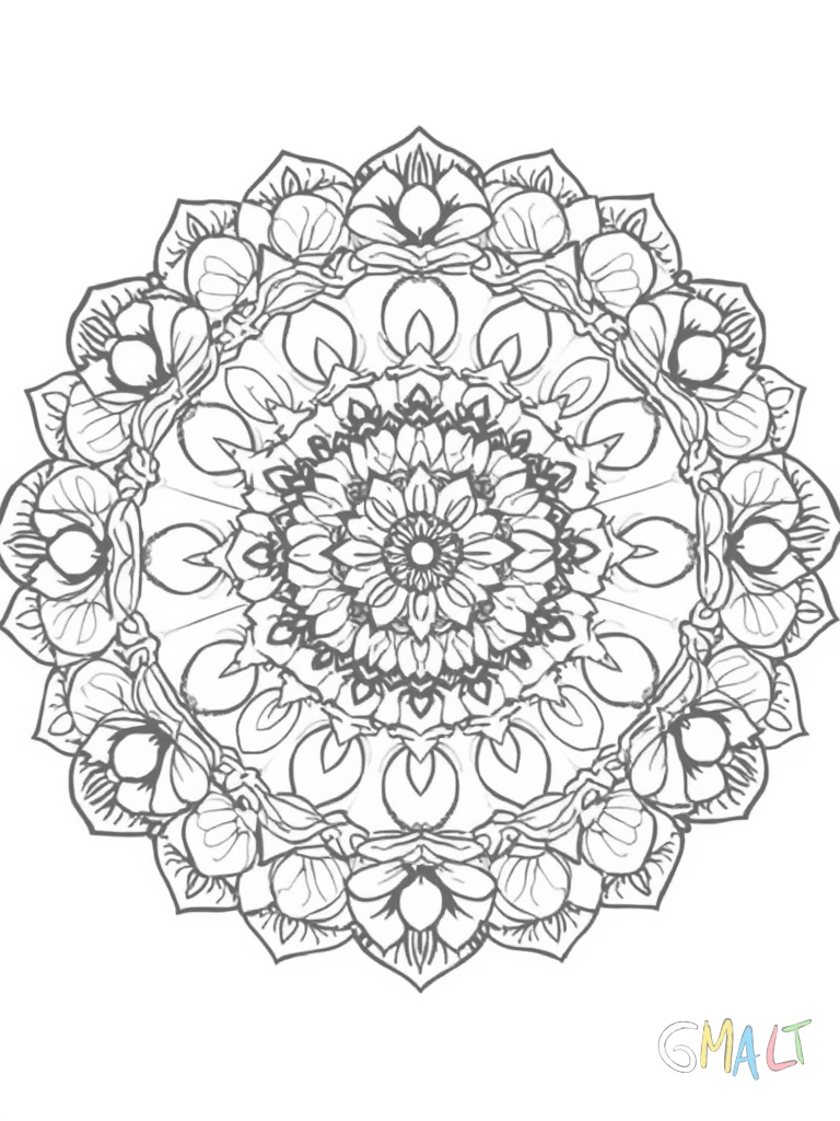 Kreisförmiges Mandala aus verschachtelten Ostereiern die nach außen hin größer werden. Zwischen den Eiern schlängeln sich geschwungene Blumenranken.
