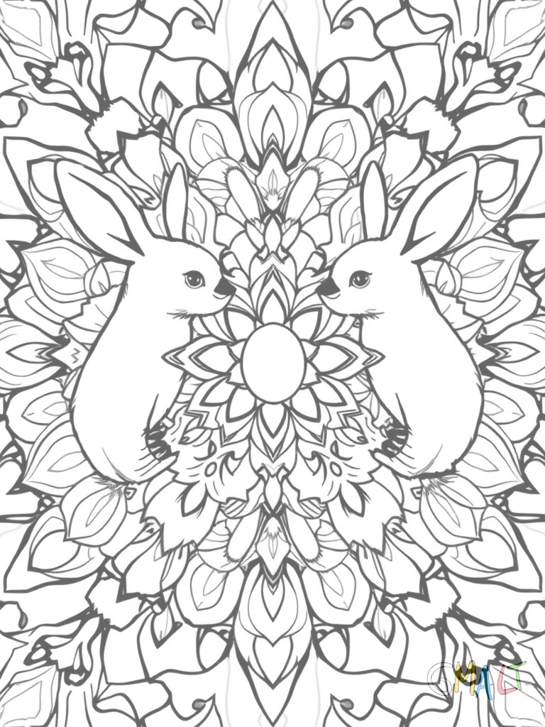 Symmetrisches Mandala mit vier großen Osterhasen die Körbe tragen. Zwischen ihnen geschwungene Ornamente und kleine Ostereier.