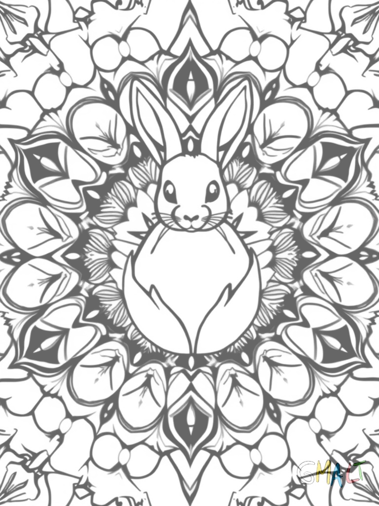 Symmetrisches Ostermandala aus verschachtelten Herzen und Eiern. In der Mitte ein großer Osterhase der eine Möhre hält.