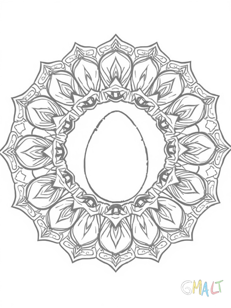 Rundes Mandala aus acht Osterküken die im Kreis angeordnet sind. In der Mitte ein aufgebrochenes Ei aus dem Strahlen hervorgehen.