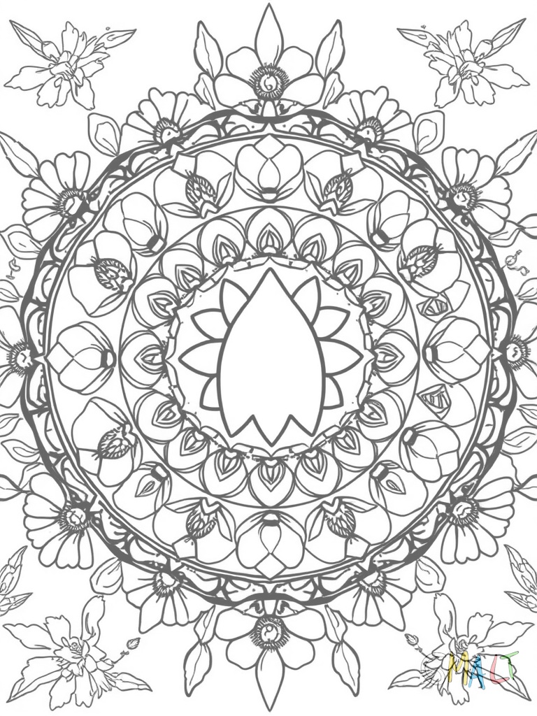 Rundes Mandala aus zwölf kleinen Osterküken die um ein großes Osternest tanzen. Verbunden durch geschwungene Blumenranken.