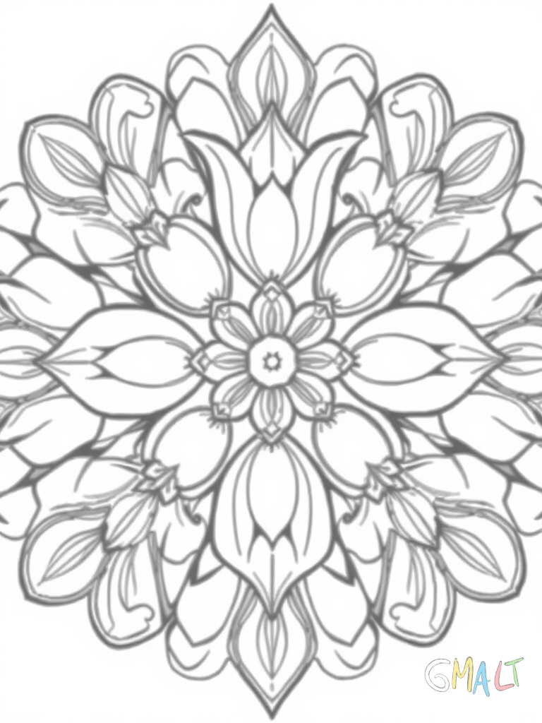Symmetrisches Ostermandala mit vier großen Tulpen die zur Mitte zeigen. Dazwischen kleine Ostereier und geschwungene Ornamente.