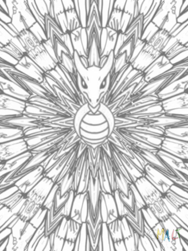 Ein strahlenförmiges Mandala mit Dragoran in der Mitte. Seine ausgebreiteten Flügel bilden vier symmetrische Segmente. In den Zwischenräumen schweben kleine Dratinis die sich zur Mitte schlängeln.