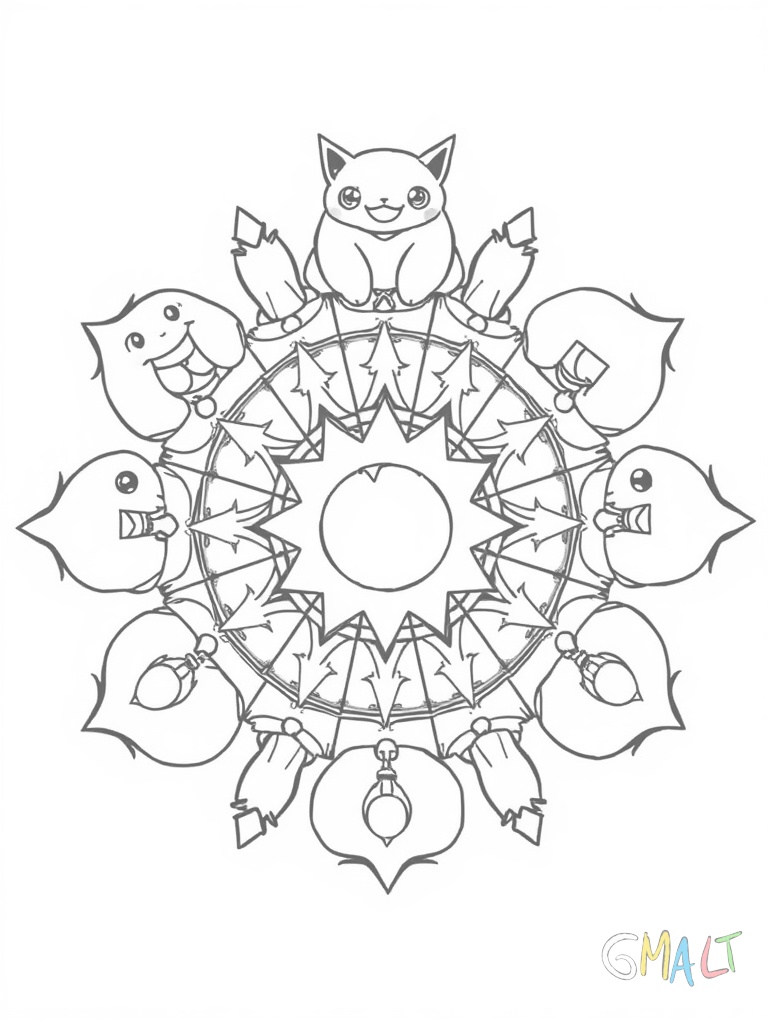 Ein kreisförmiges Mandala aus verschiedenen Evoli-Entwicklungen. Die acht Evolis sitzen im äußeren Ring und ihre Schwänze zeigen zur Mitte. Im Zentrum befindet sich ein großes Evoli das von Sternen umgeben ist.
